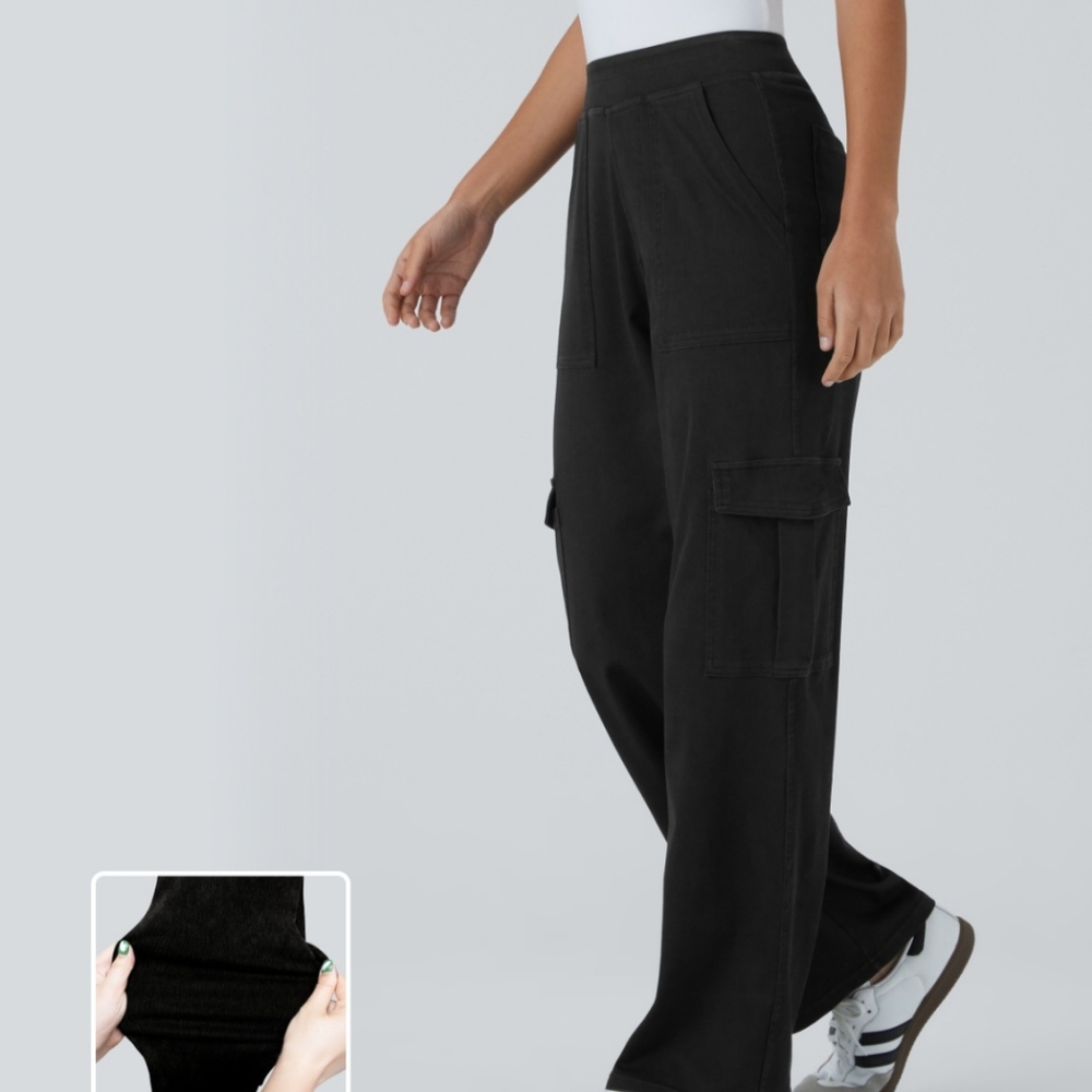 NWT Halara Flex Multiple Pockets Straight Leg Stretchy Cargo Jeans ML Tall Black - Picture 2 of 10